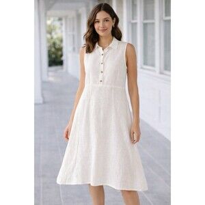 Kiko 100% Linen Dress SM White Sleeveless Button Midi Coastal Lagenlook
